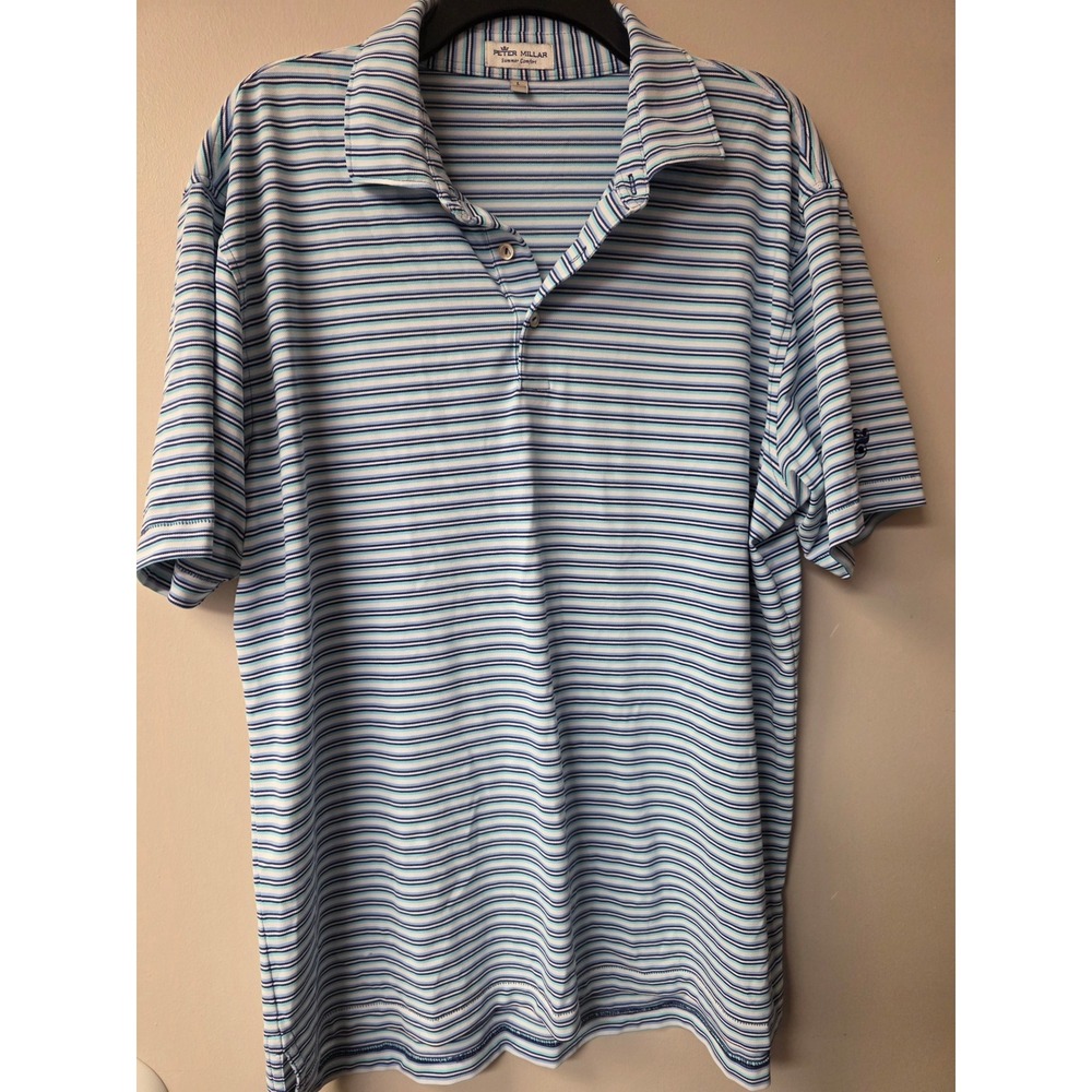Peter Millar Summer Comfort Polo Shirt Mens Large Blue Teal Striped Short Sleeve